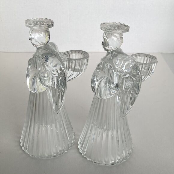 Vintage Clear Glass Lead Crystal Angel Taper Candle Stick Holders Set 2 Holiday - Picture 6 of 15